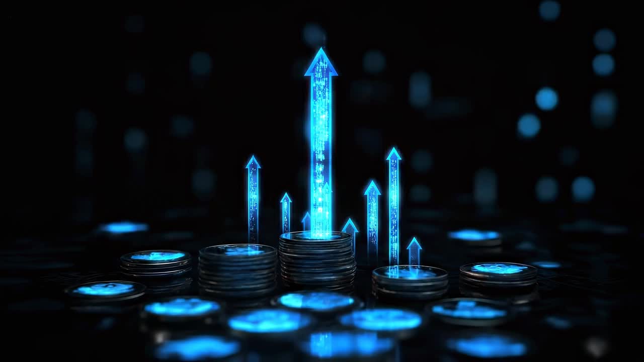 Low-angle video concept of glowing coins with upward arrows, symbolizing growth and success