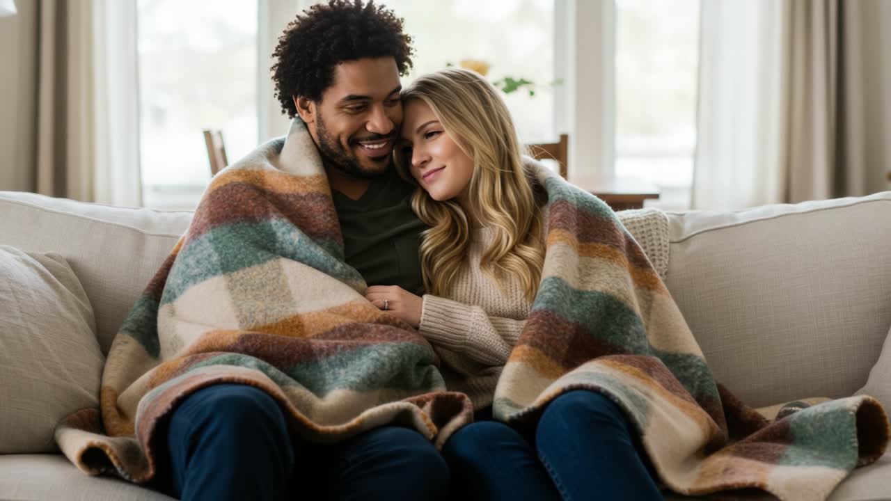 A cozy couple sharing a blanket on the couch