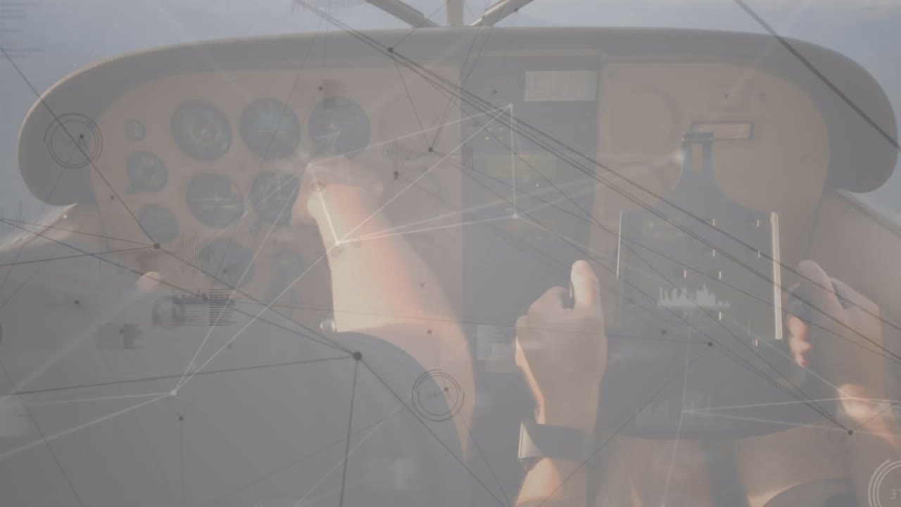 animación de la red de conexiones sobre pilotos caucásicos en el avión