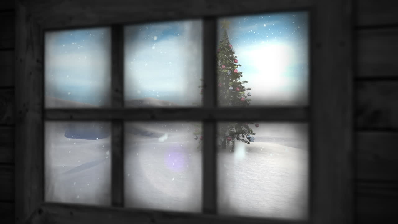 크리스마스 트리와 겨울 풍경의 창문 전망의 애니메이션
