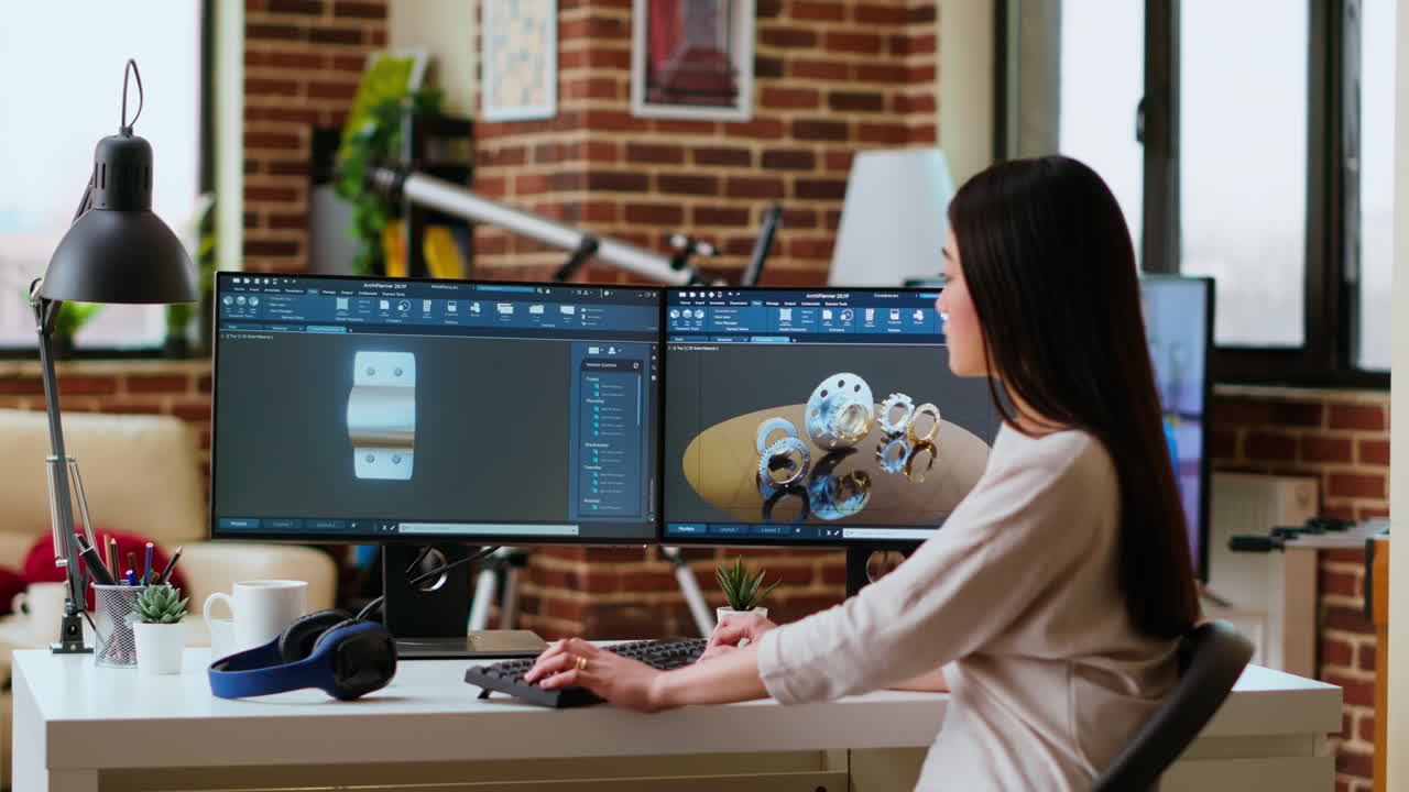 듀얼 모니터에서 cad 소프트웨어로 작업하는 전문 산업 디자이너