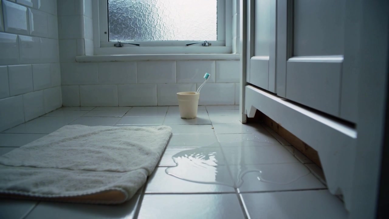 Spilling water causing glossy puddle shifting across bathroom floor, toothbrush cup staying upright