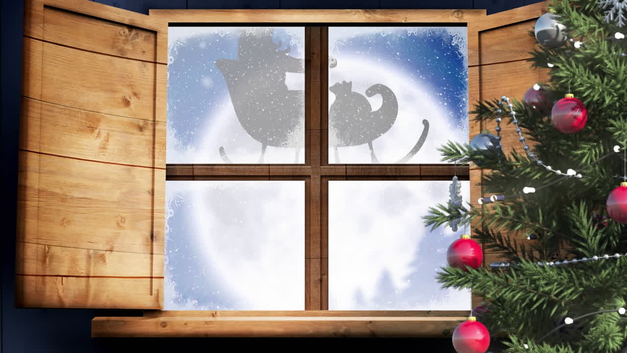 Christmas tree and wooden window frame against santa claus in sleigh being pulled by reindeers