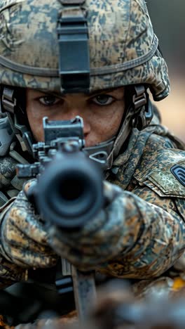 soldier aiming weapon during military training exercise in forest