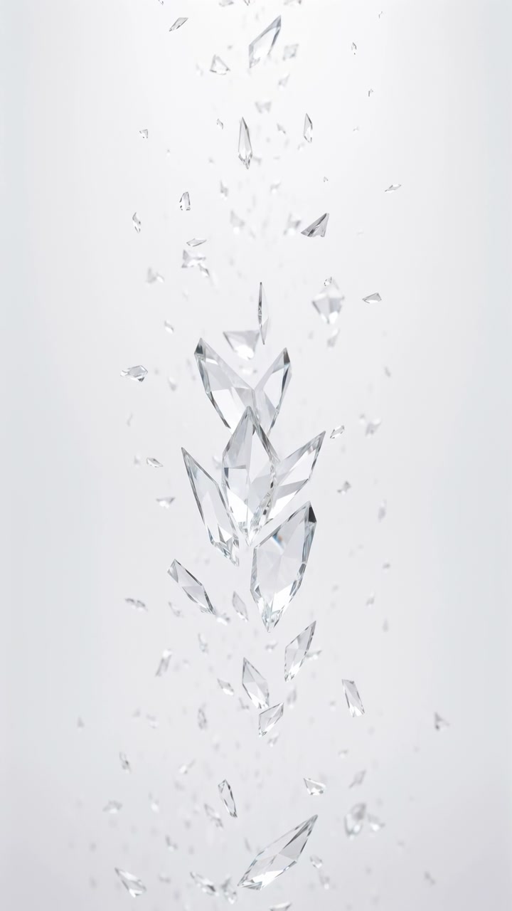 Chiare schegge di cristallo sfaccettato si innalzano in una colonna centrale, poi si disperdono in frammenti più piccoli sopra uno sfondo neutro e morbido, creando un movimento geometrico raffinato, scintillio, profondità e una sensazione di lusso