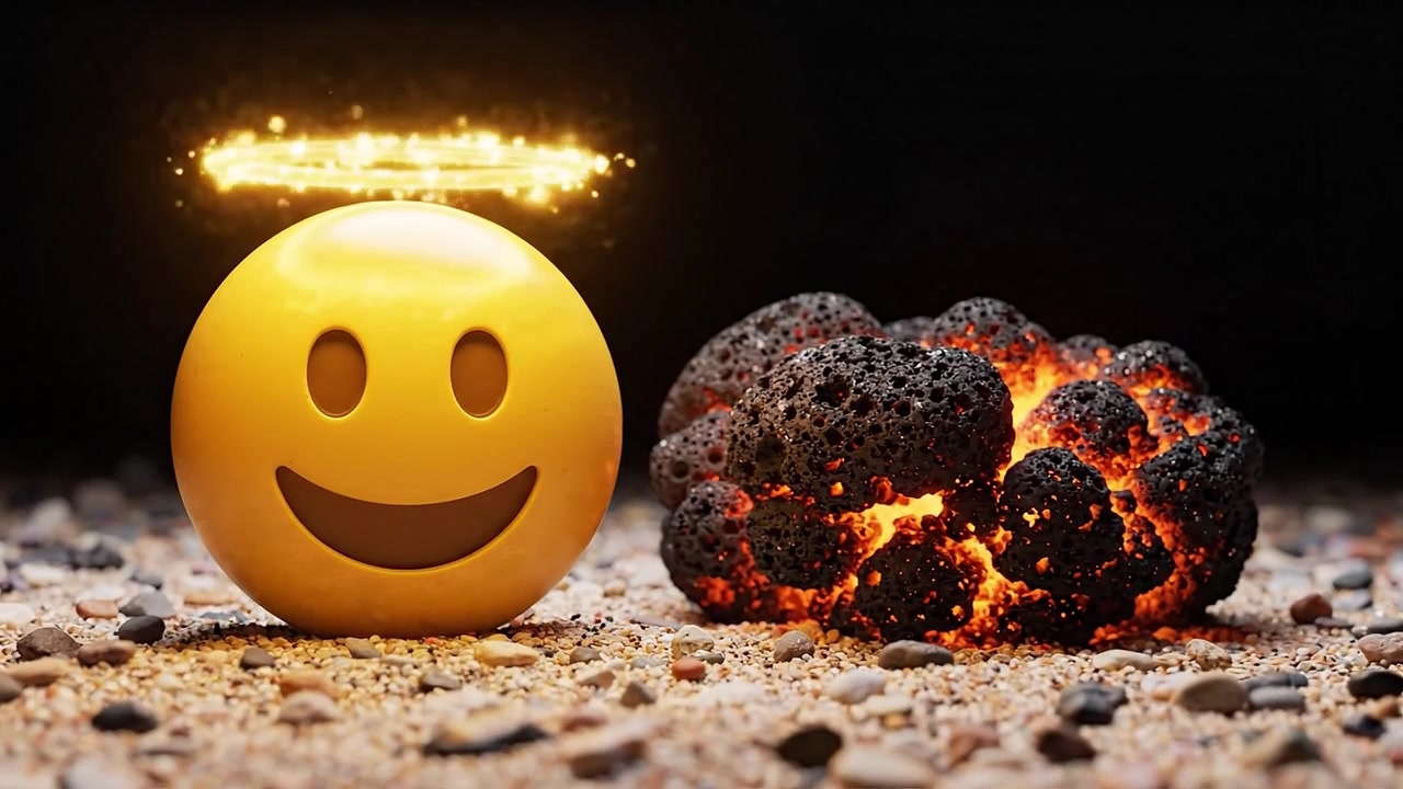 Un contrasto sorprendente tra luce e buio: un'emoji gioiosa con un'aureola accanto a un'eruzione rocciosa fumante simboleggia la speranza in mezzo al caos e al tumulto.