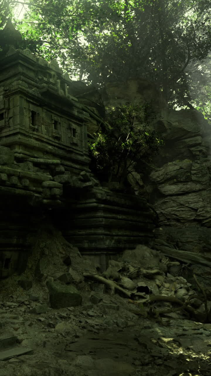 Esplora le antiche rovine di templi avvolte da una giungla lussureggiante e misteriosa