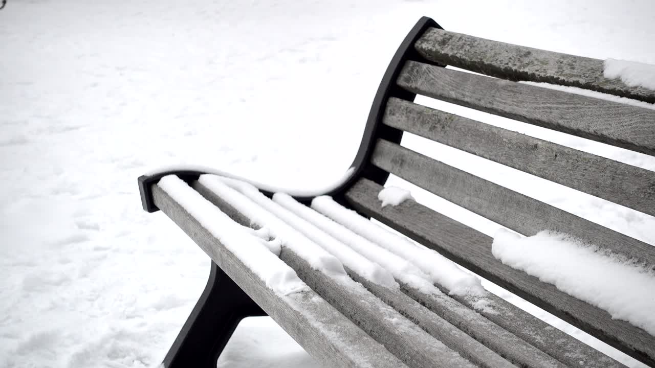 눈이 떨어지는 곡선을 고  눈 바탕의 나무 벤치 세부 사항