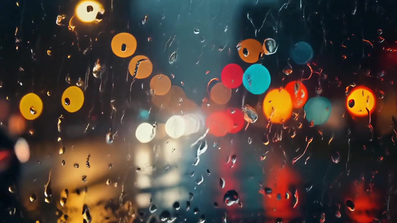 Regentropfen auf Fensterscheibe mit verschwommenen Stadtlichtern bei Nacht