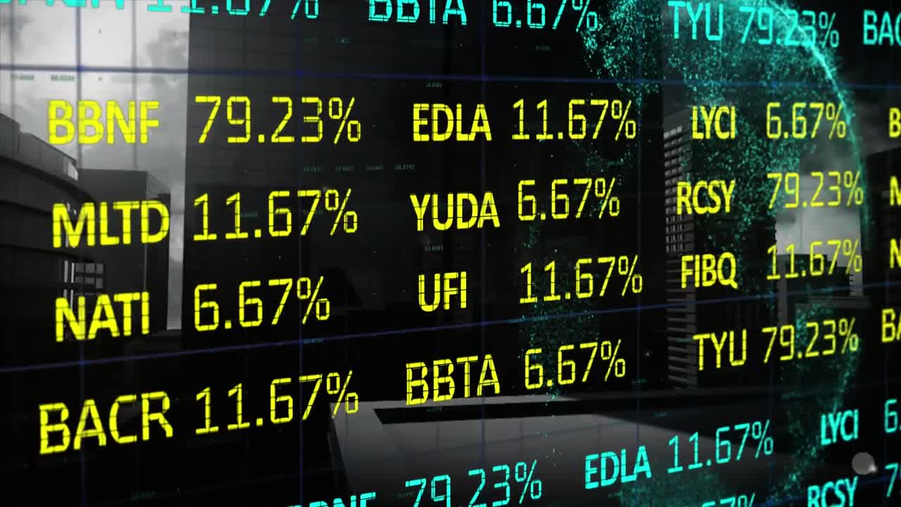 Animation of financial data processing over city