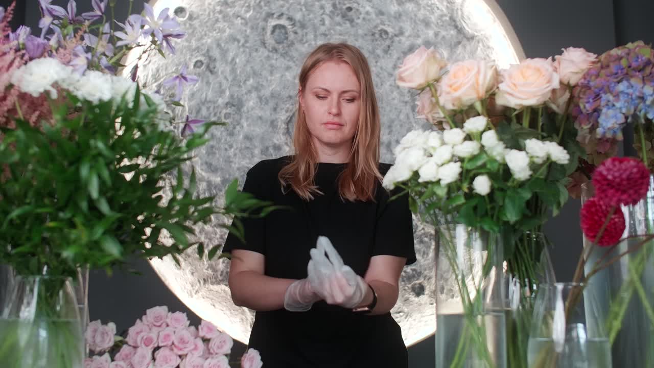 Woman Florist Arranging Flowers in a Floral Studio