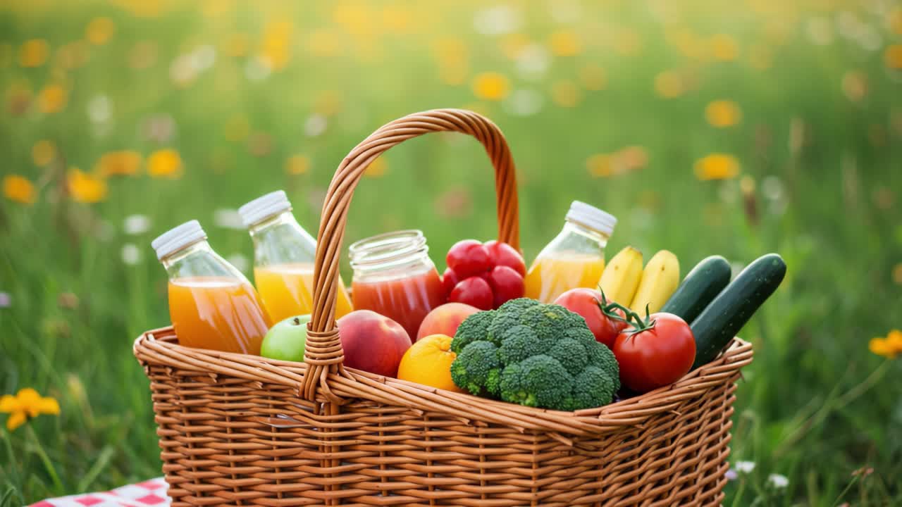 A Vibrant Picnic Basket Filled with Fresh Vegetables and Juices Surrounded by Blossoming Nature in a Sunny Field