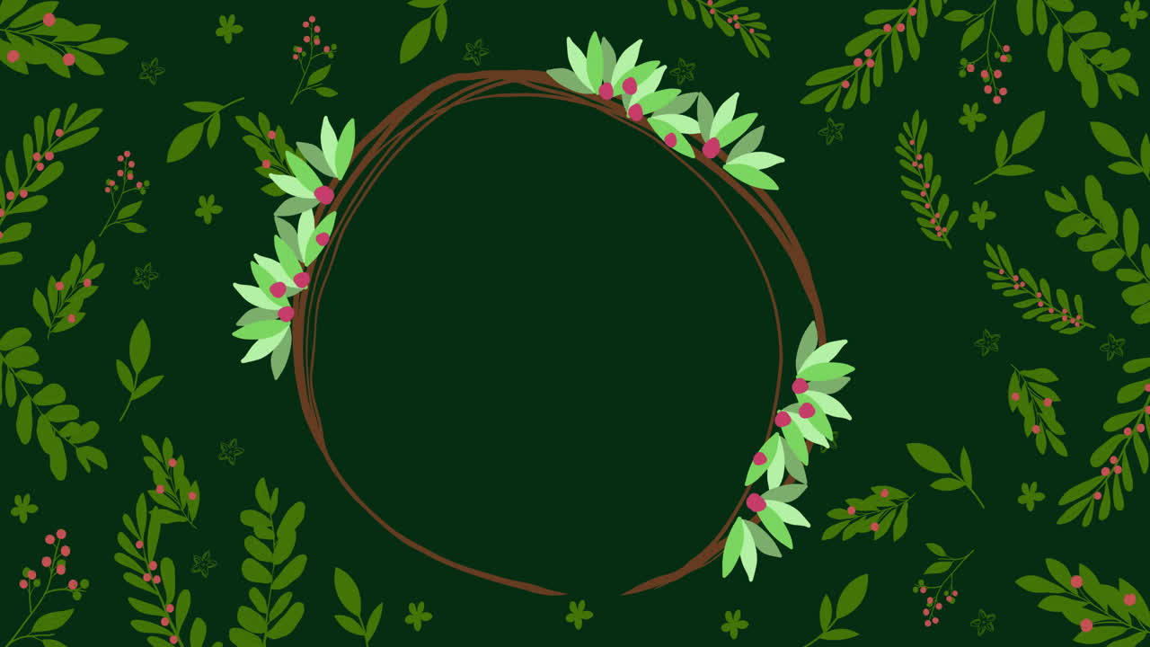 Animation of round frame with christmas decorations on green background