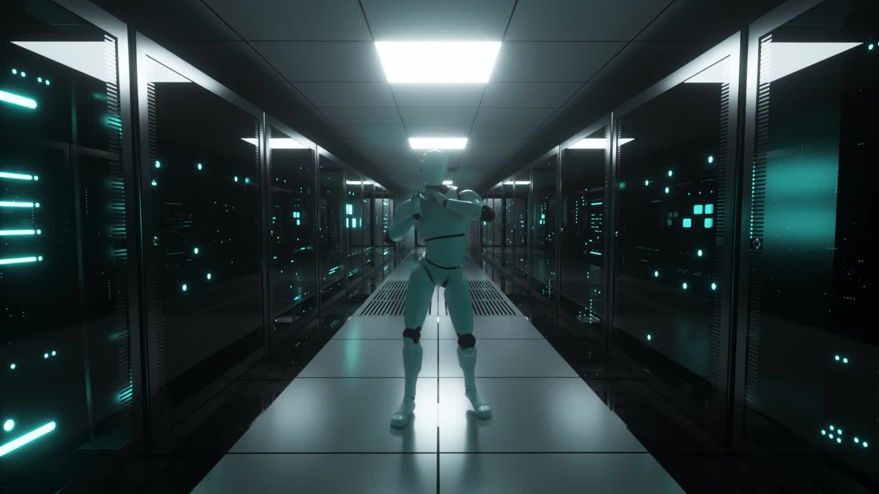 Dancing robot in the server room. Data servers behind glass panels in the server room of the data center. Seamless loop 3d render