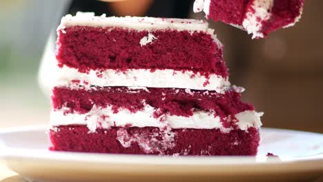 person eating a slice of red velvet cake
