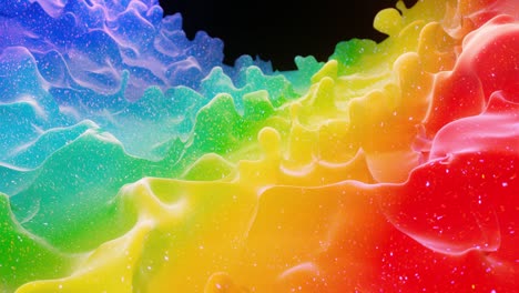 smooth abstract animation of liquid gradient rainbow color in 4k. bright matte paint surface as abstract looped festive background. glitters on viscous liquid with 3d splashes on surface like drops.