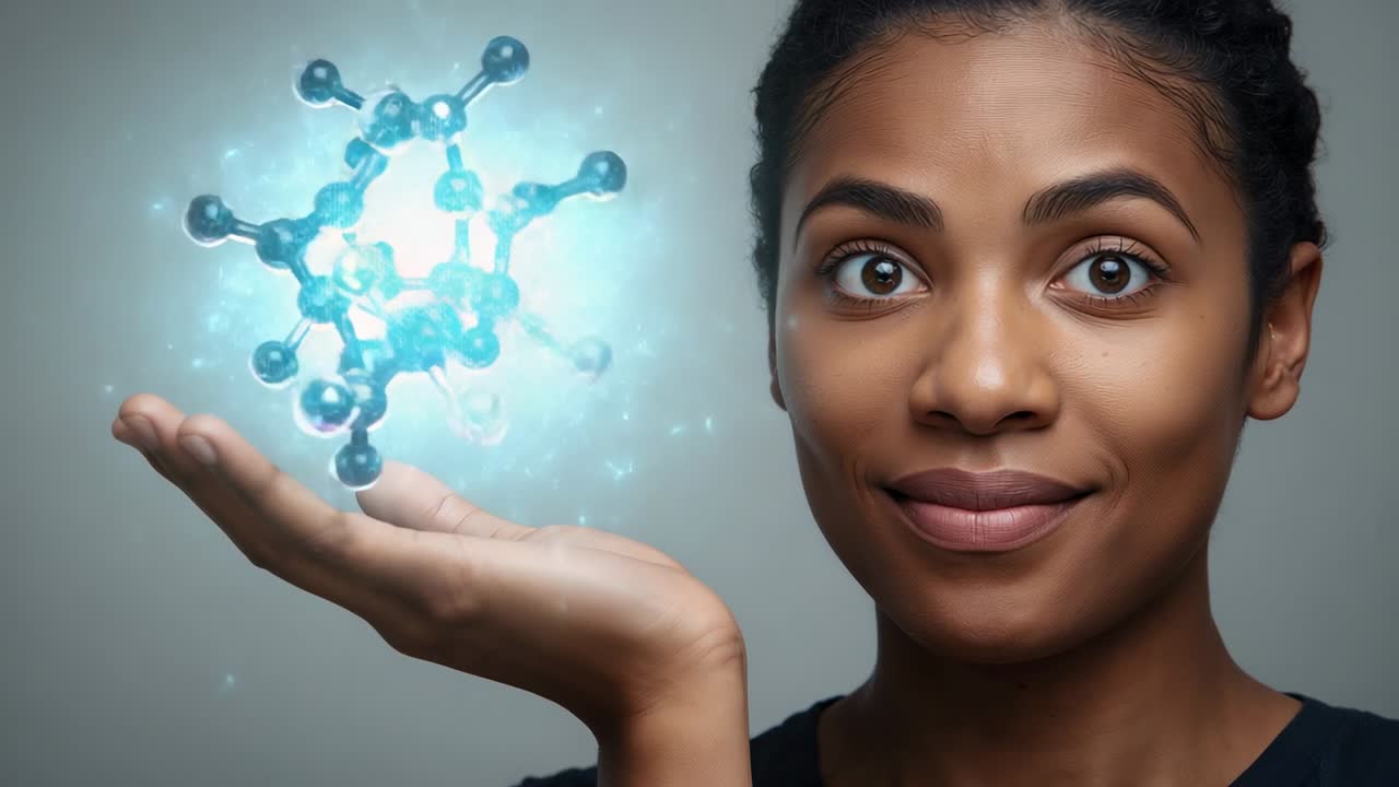 Mulher trançada, vestindo blusa escura, segurando a palma da mão direita para cima em um estúdio, mostrando um modelo molecular azul em evolução