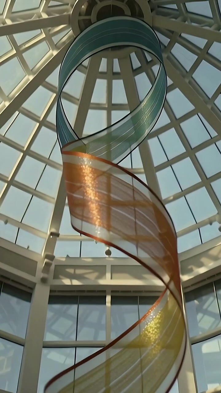 Vídeo vertical: Câmera recuando, mostrando escultura de fita retorcida sob uma cúpula e um anel de ancoragem