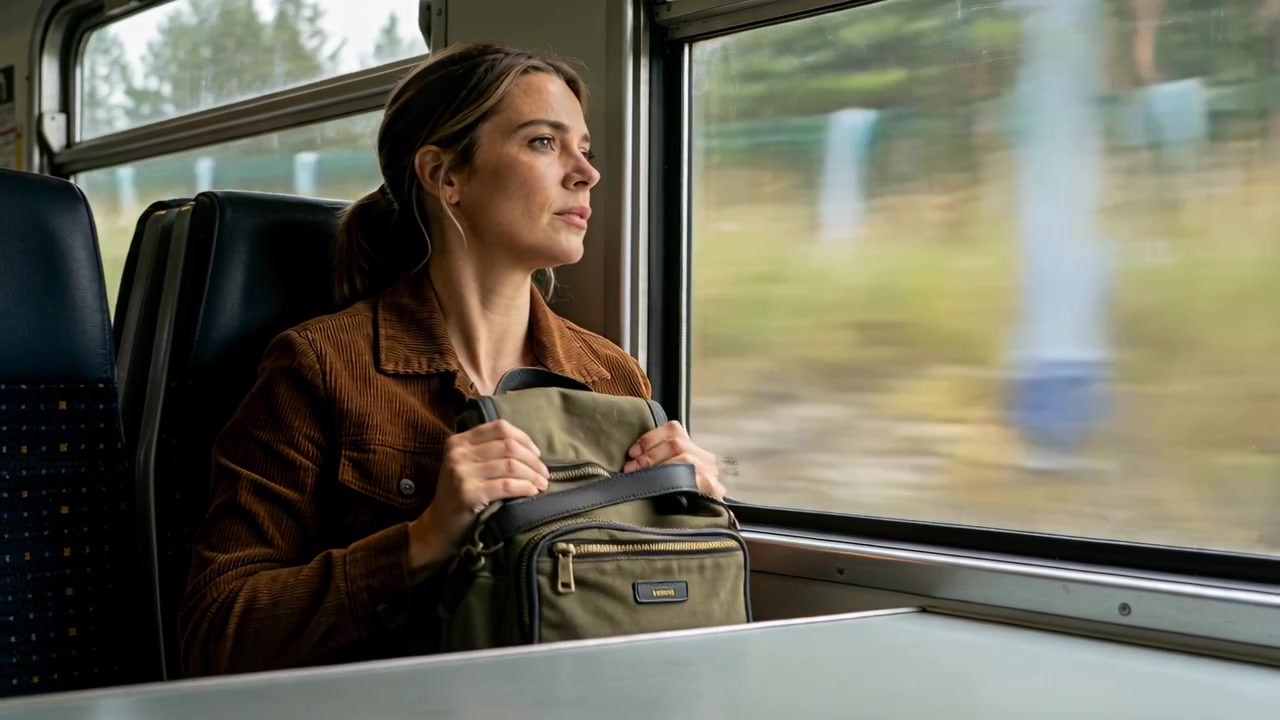 Treno in movimento, donna in velluto a coste che apre uno zaino color oliva, controllando il panorama dal finestrino, spazio per il testo.