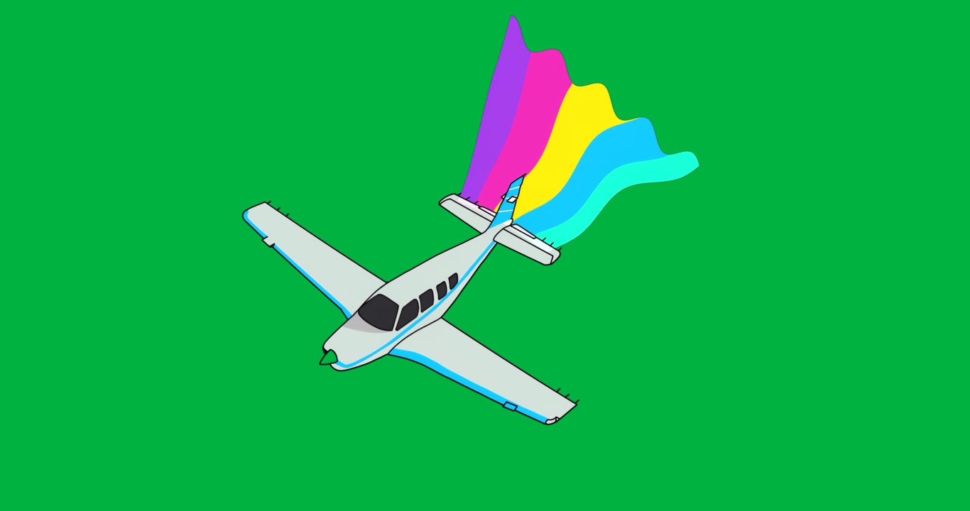 Flygplan flyger över transparent bakgrund som avger färgglada bandspår för teknikvarumärkesbyggande