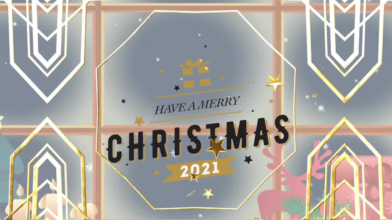 금색 모양, 눈이 떨어지고 창문 위에 즐거운 크리스마스 텍스트의 애니메이션