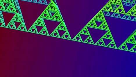 representación animada de un conjunto tridimensional de mandelbrot, 3d, triángulos verdes, amarillos, rojos y azules, vuelo a través y giro de 180 grados