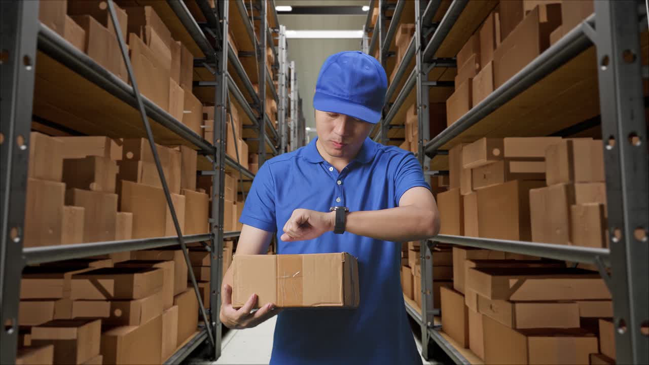 Close Up Of Asian Male Courier In Blue Uniform Checking Time On His Watch While Holding A Carton In Warehouse