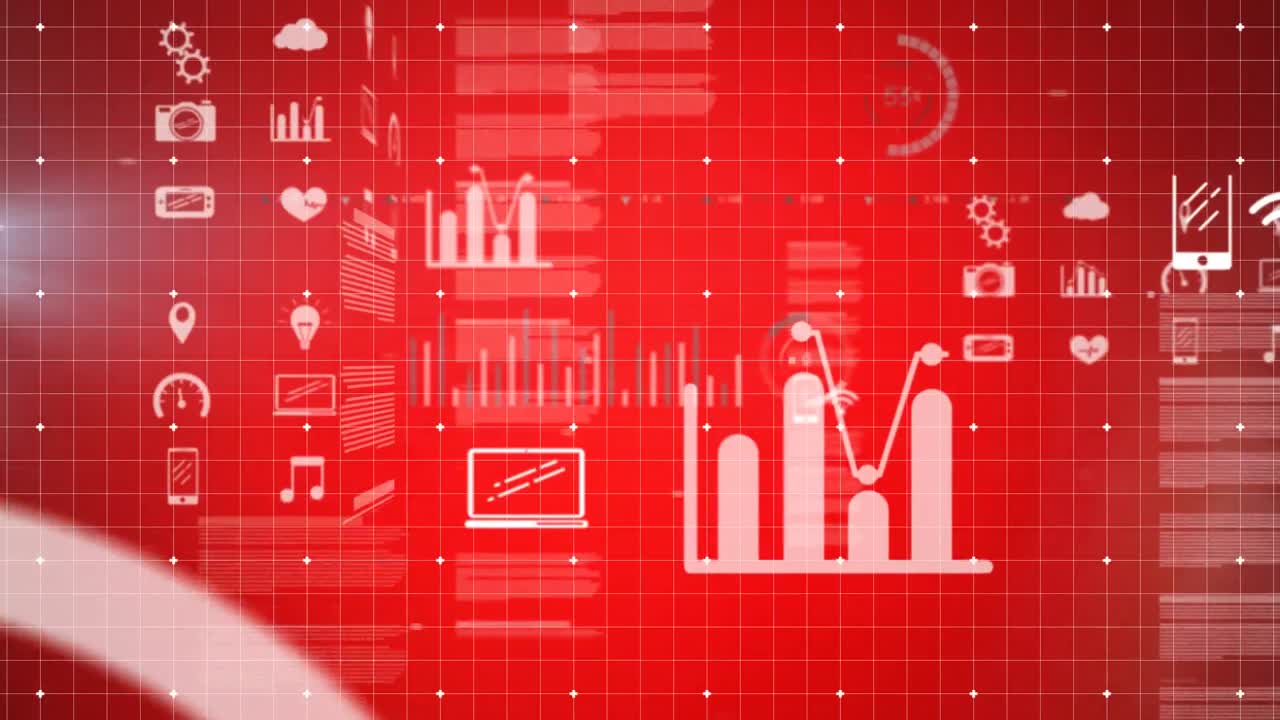 Animation of digital icons over grid on red background