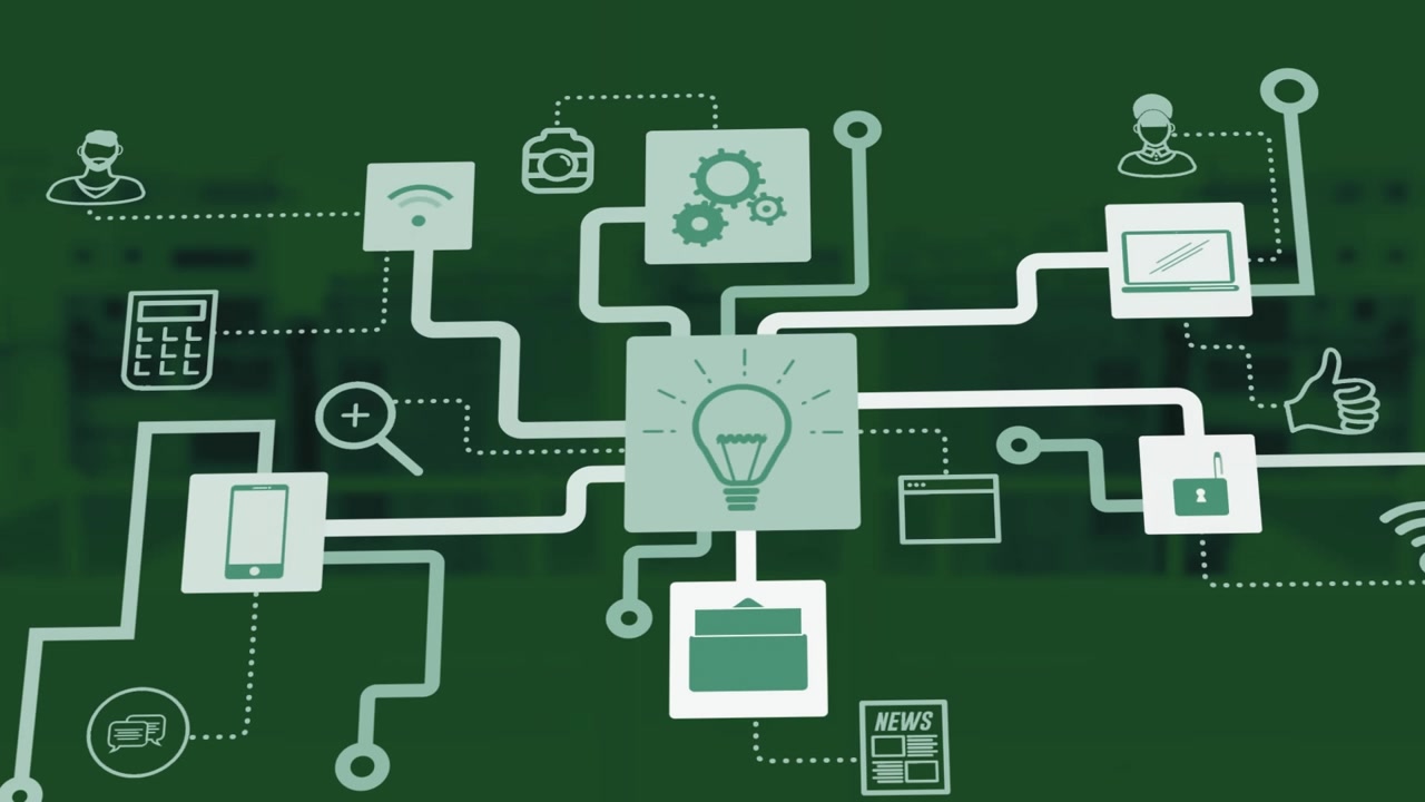 Animation of green and white network of media and communication icons on dark green background