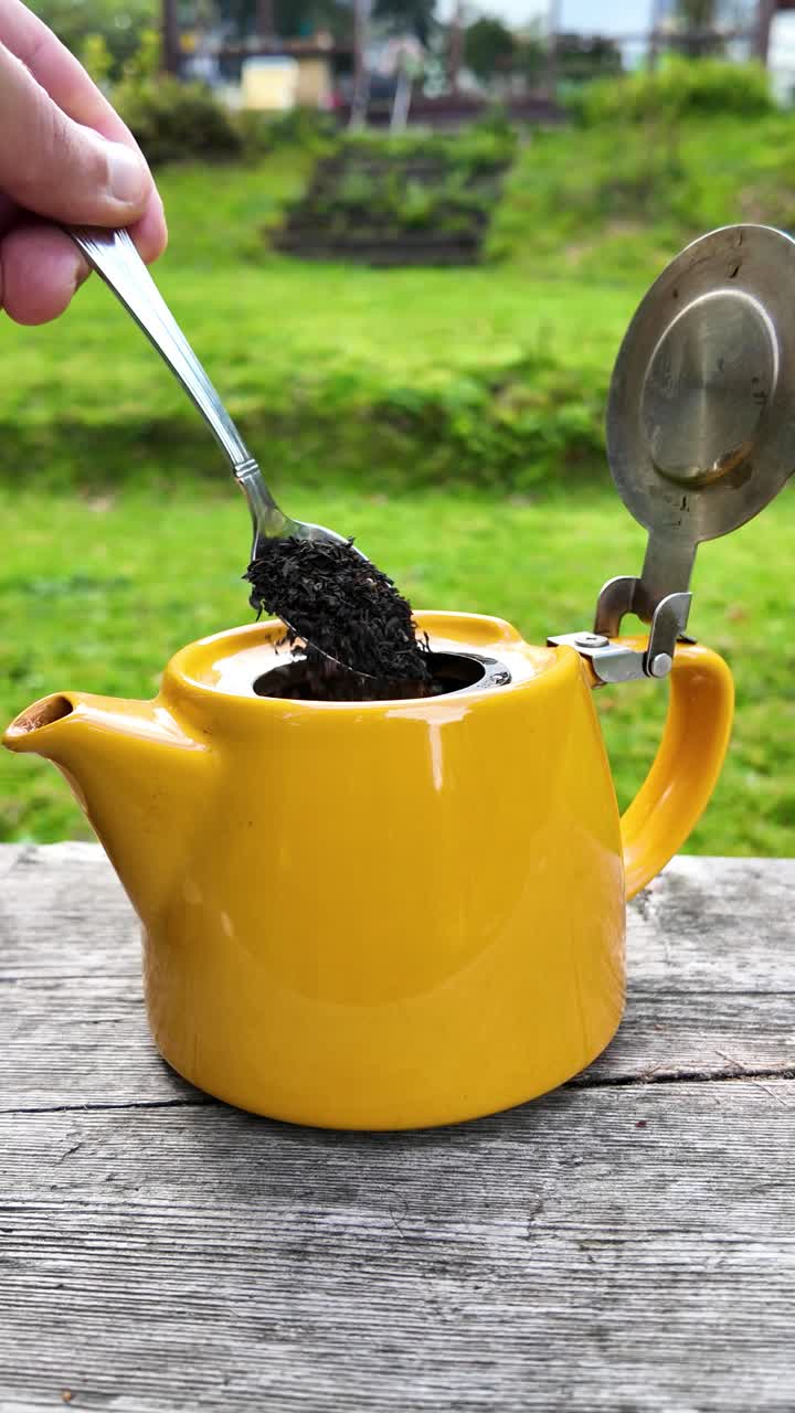 cámara lenta de cómo se añade té chai negro a una tetera amarilla en el exterior