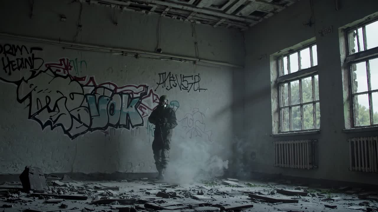 soldado en un edificio abandonado