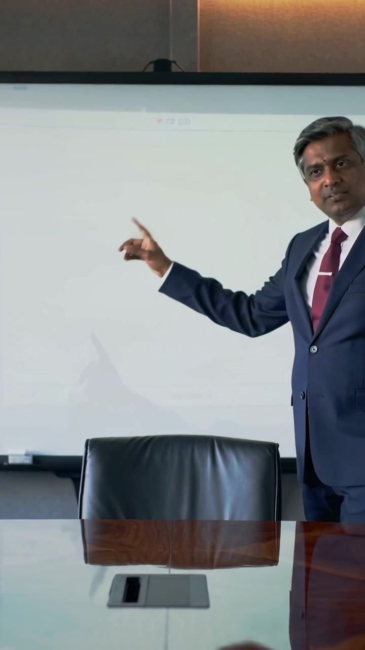 Vertical video: Entering right man in suit pointing at screen in boardroom to show slide