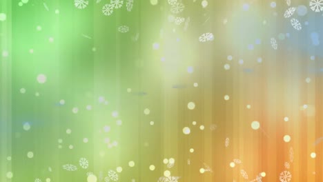 Snowflakes-and-white-spots-floating-against-green-and-yellow-striped-gradient-background
