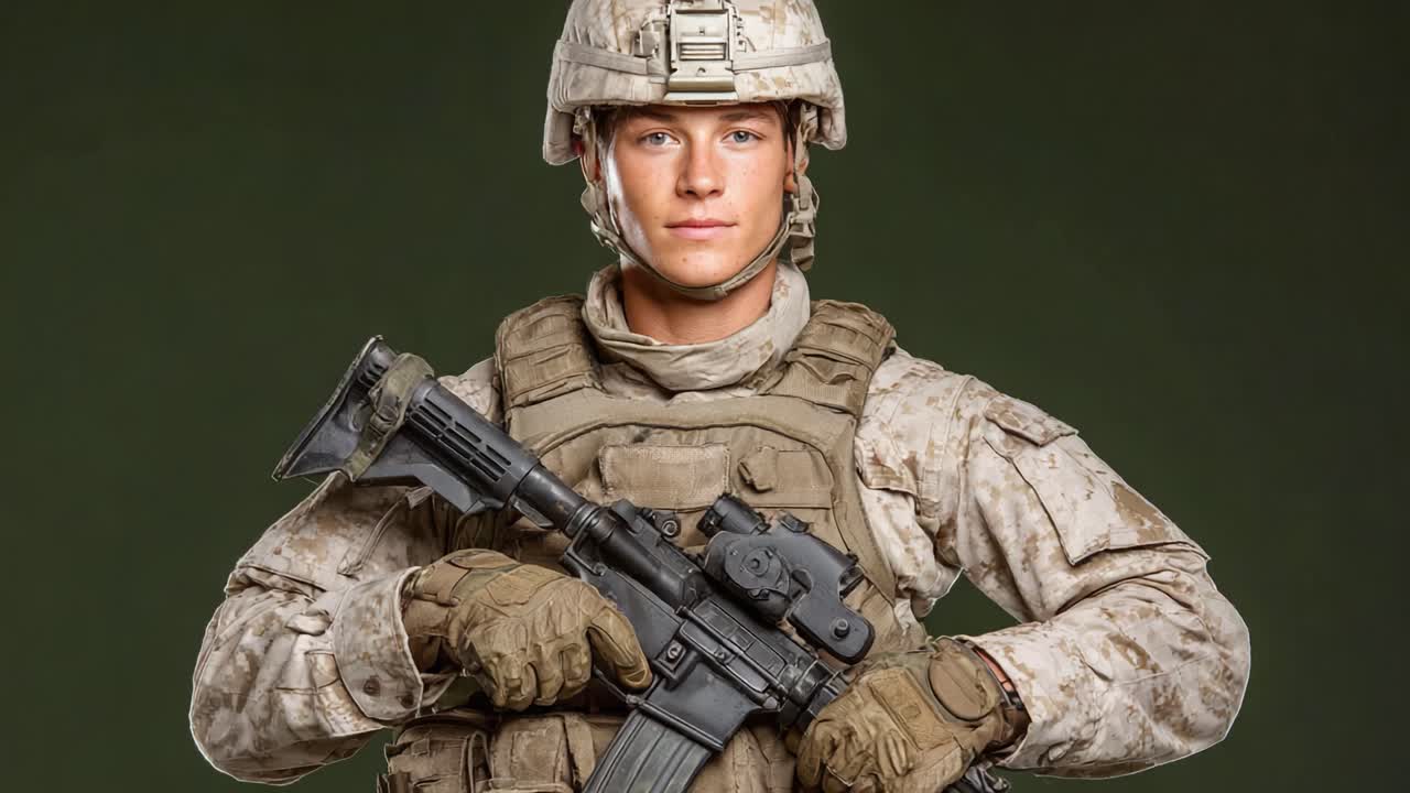 Ritratto di un soldato fiducioso in equipaggiamento da combattimento completo, che mostra prontezza militare e compostezza con un fucile, su uno sfondo unito.