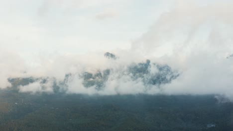 abriendo toma aérea de drones de una montaña cubierta de bosque verde, volando a través de nubes ligeras y tenues
