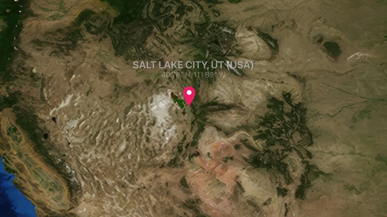 Mappa digitale della Terra con uno zoom dalla vista globale a Salt Lake City, Utah, con un segnaposto.