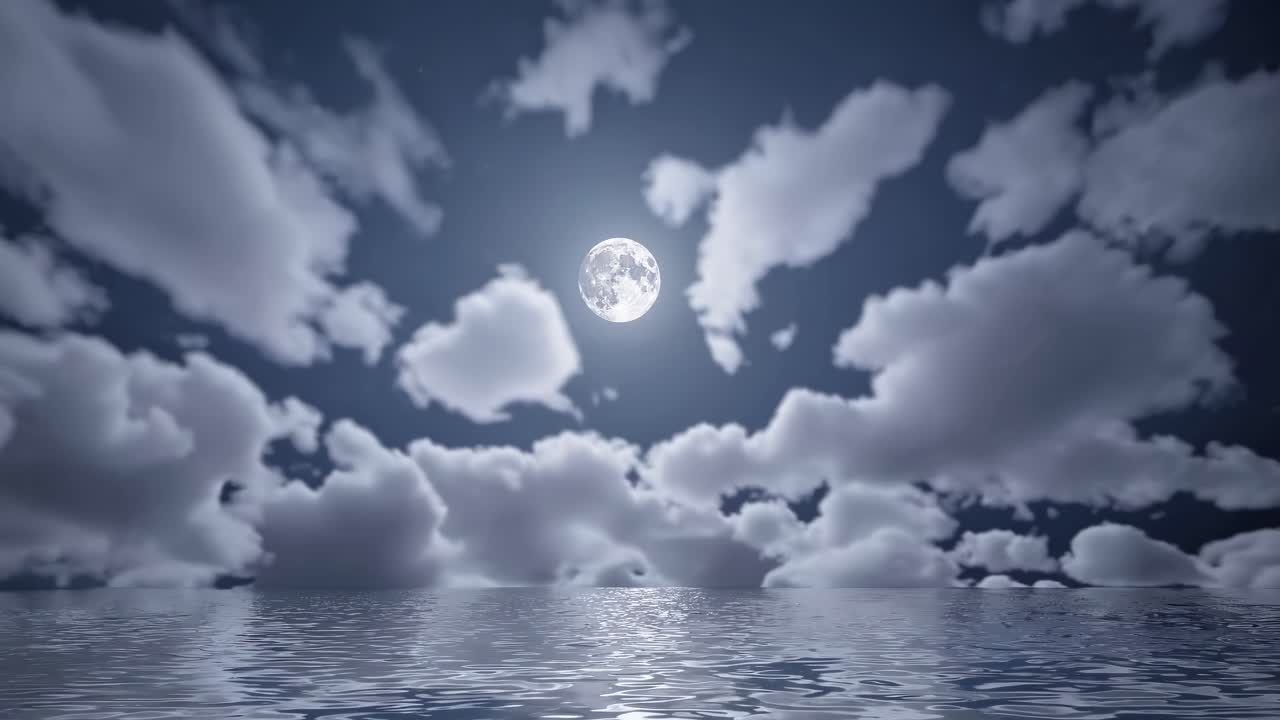 A serene video scene of a full moon illuminating a cloudy night sky over a calm ocean