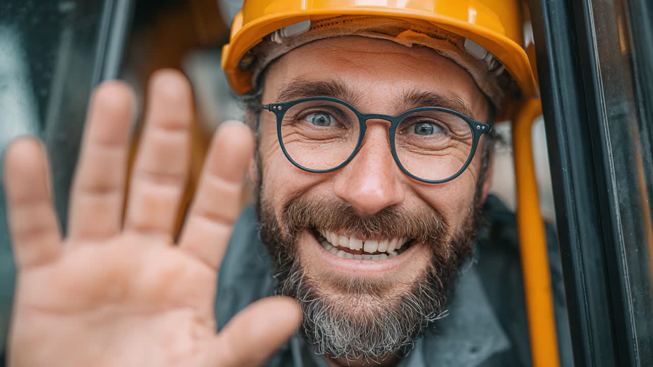 A friendly construction worker waves cheerfully from the window of a vehicle, radiating warmth and approachability with a big smile and casual attire