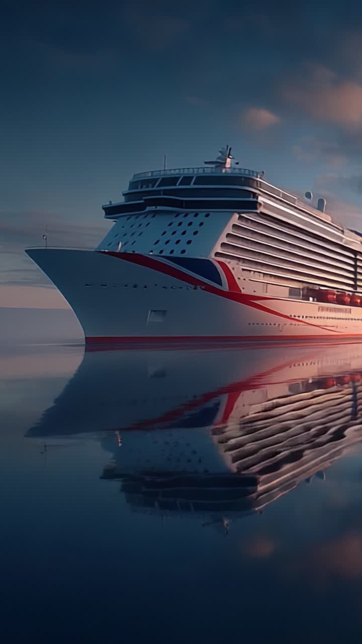 Una maestosa nave da crociera che scivola dolcemente su acque tranquille all'alba, catturando il riflesso perfetto sulla superficie calma dell'oceano