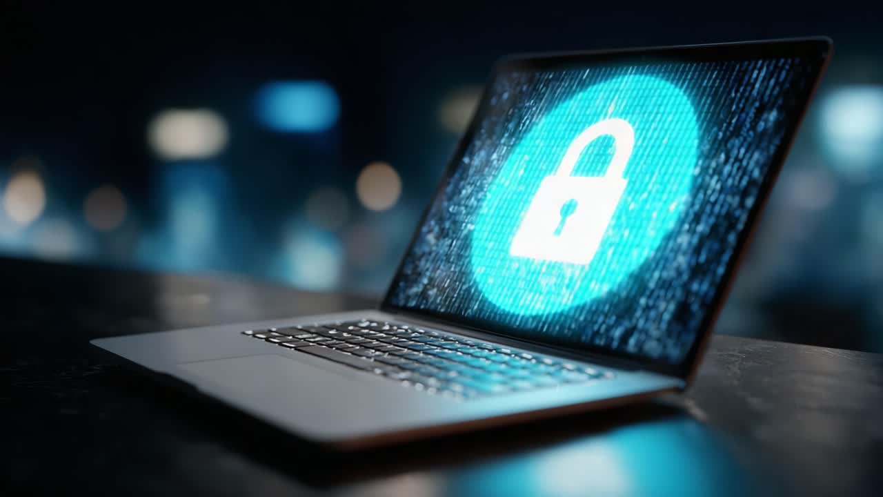 A Stunning Visual Sequence of Computer Security with a Digital Lock Icon Displayed on a Laptop Screen, Representing the Importance of Data Protection in the Cyber World
