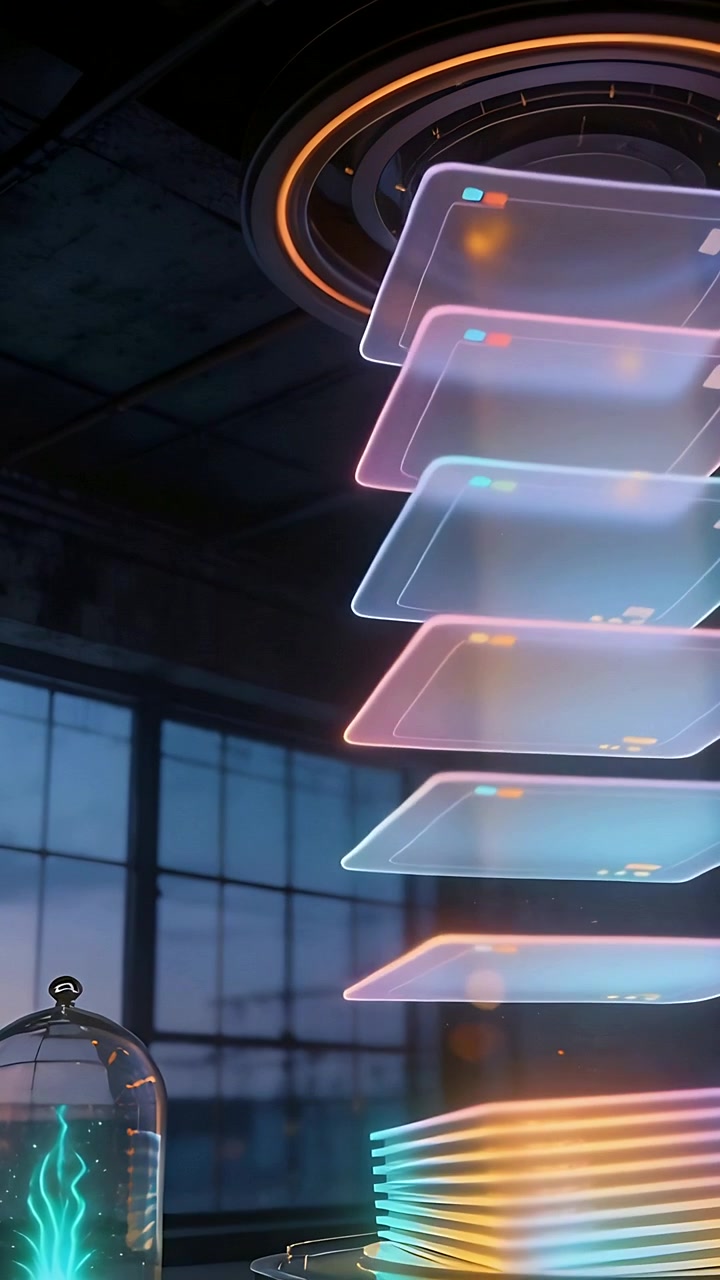 Vertical video: Emitting ring sending holo panels down into base in lab to stack, bell jar pulsing