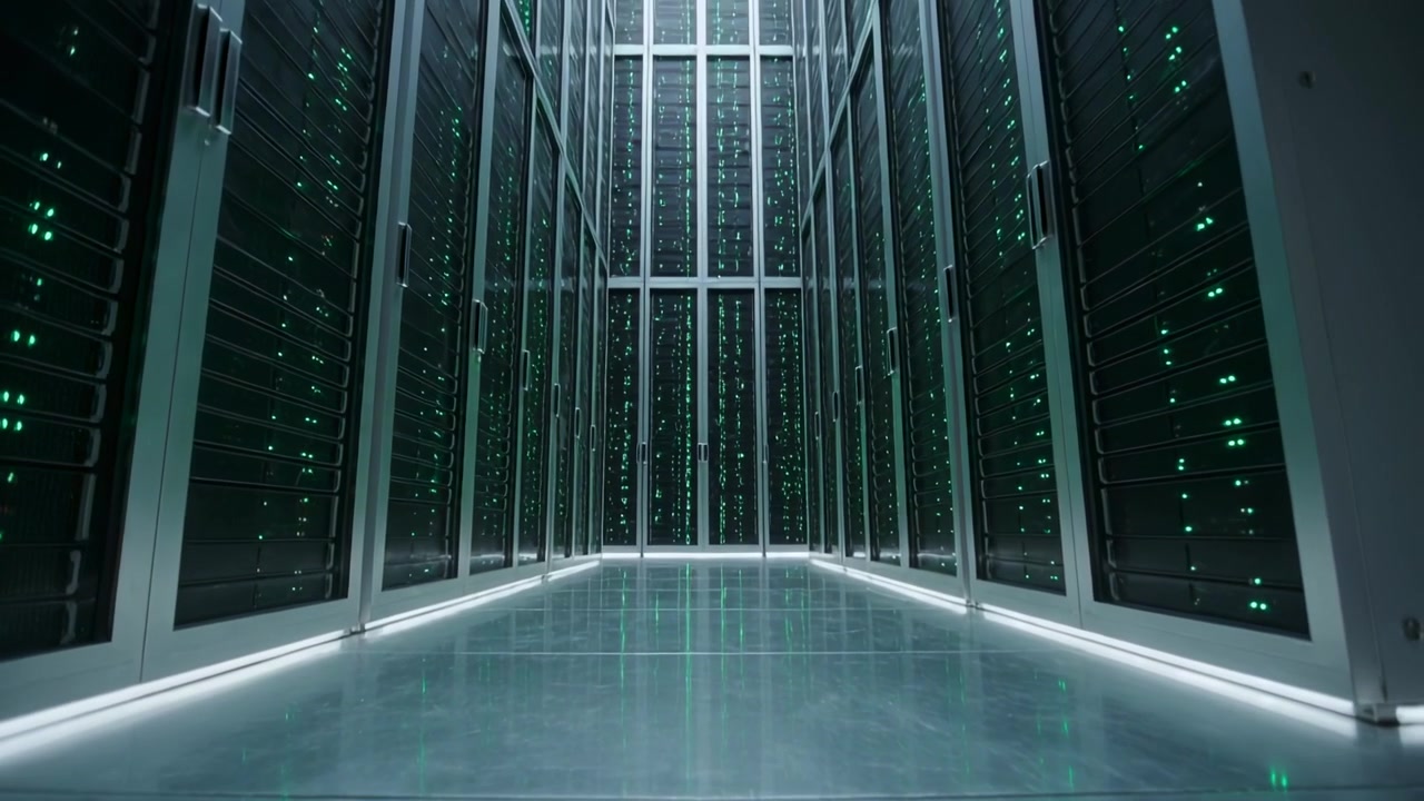 Skiftende kamera afslører en gang i et datacenter med serverracks, der viser grønne LED-lys.