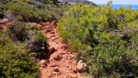 POV-shot-of-a-coastal-rocky-hiking-trail-in-outdoors-on-Navagio-Island