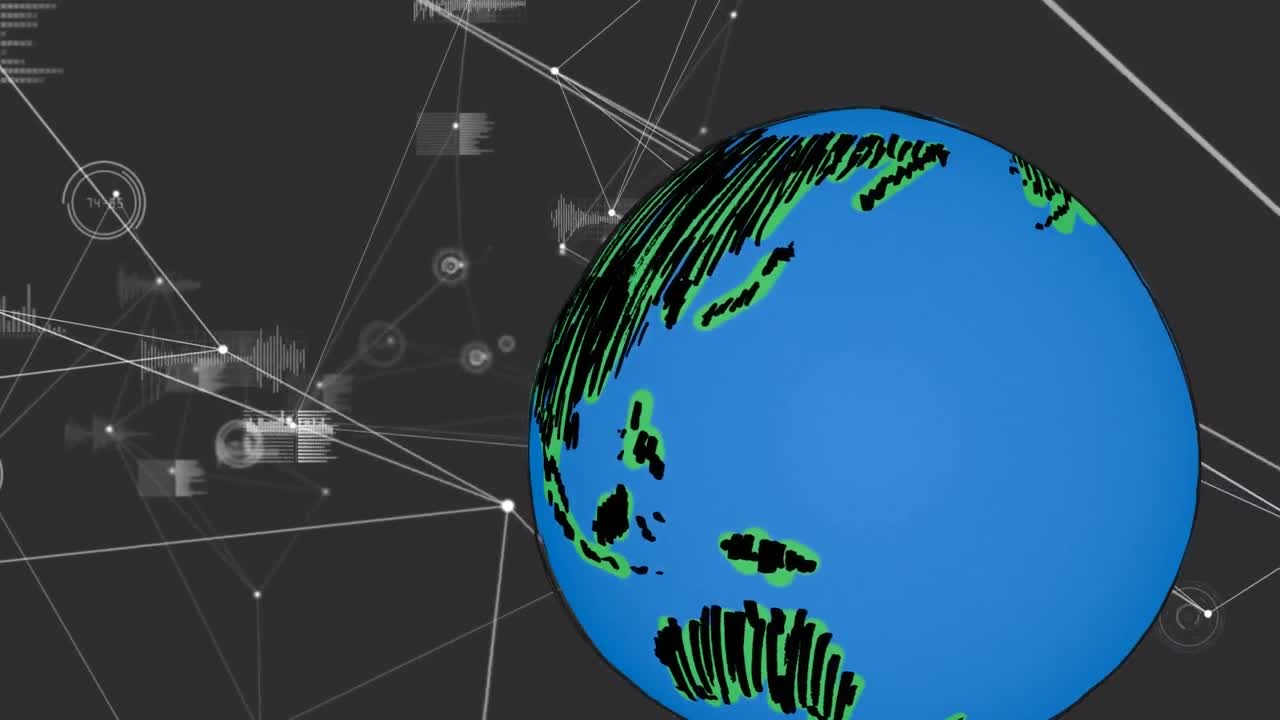 Animation of globe over network of connections and data processing on black background