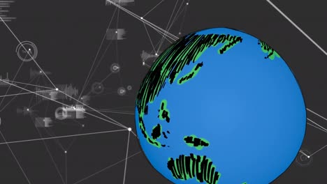 Animation-of-globe-over-network-of-connections-and-data-processing-on-black-background