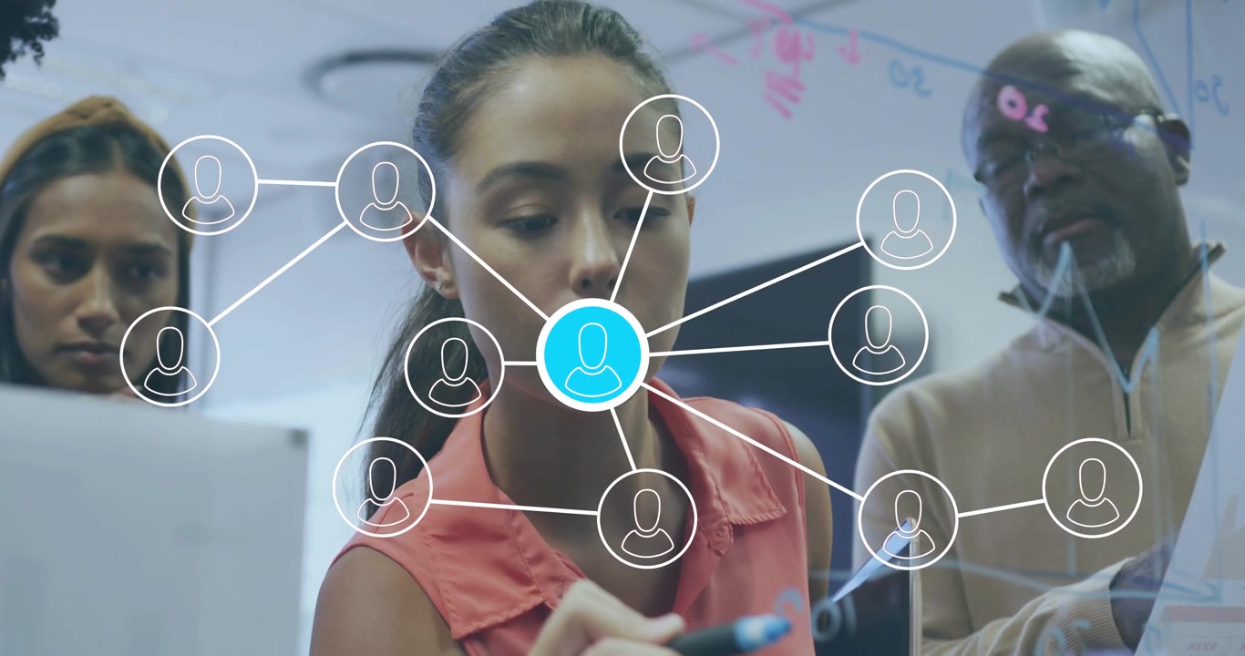 Diverse Business Team Collaborating on Glass Board with Digital Network Overlay