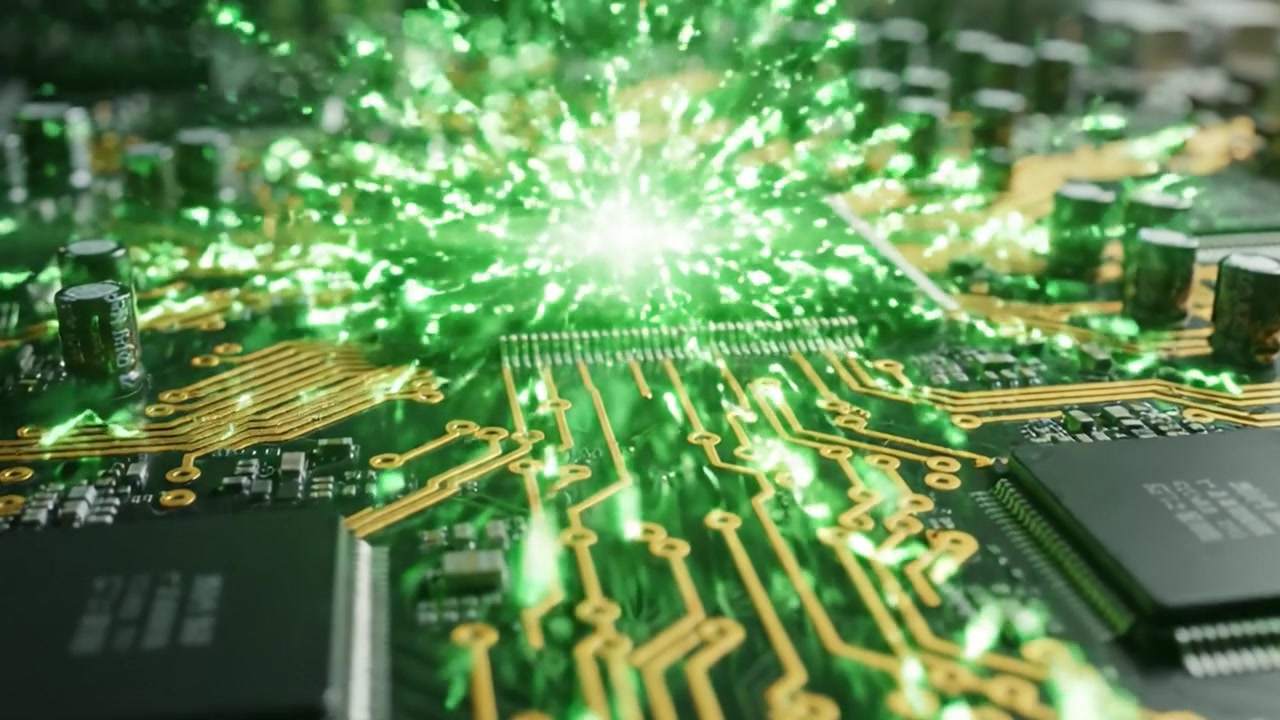 Intricate Close-Up of a High-Tech Circuit Board Featuring Complex Gold-Plated Connections and Illuminated Components, Showcasing Modern Electronics Engineering