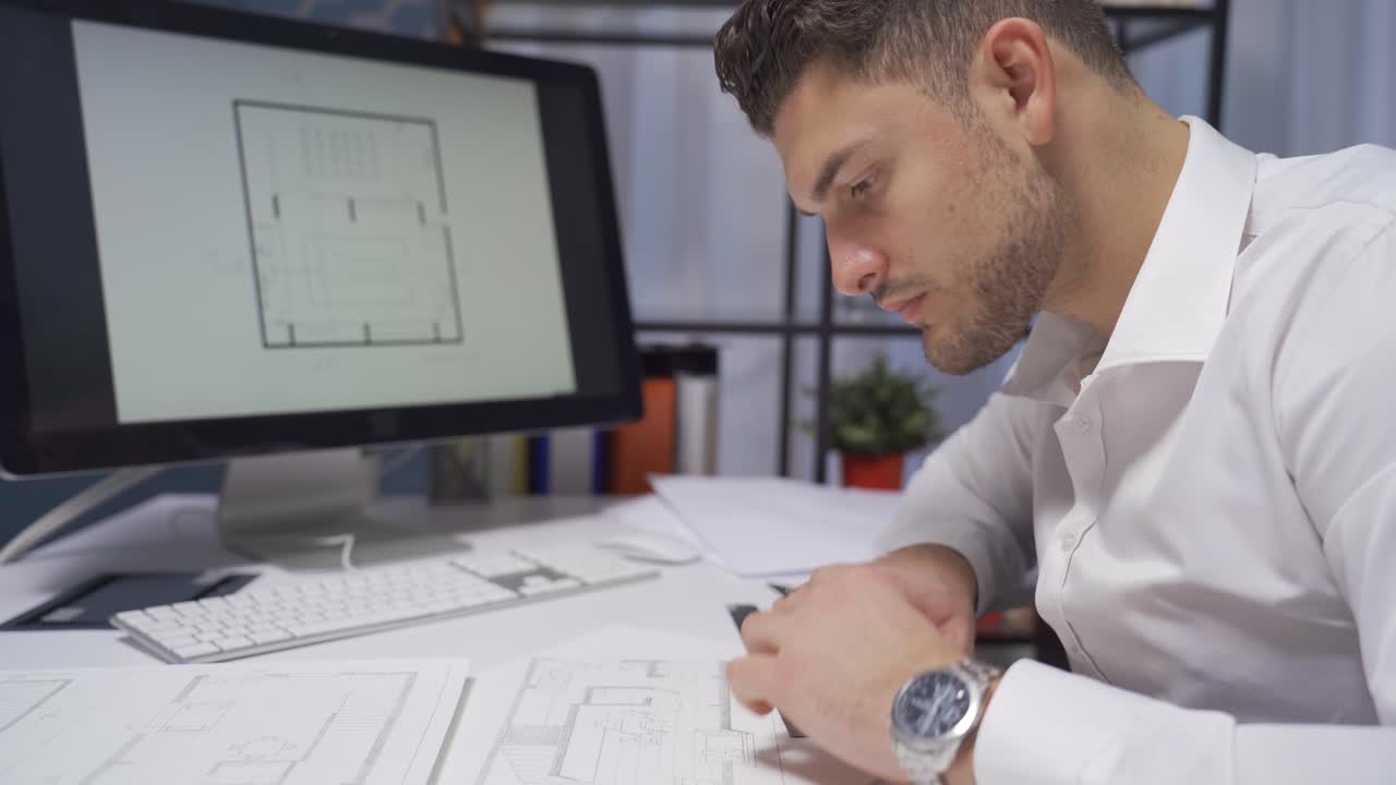 arquitecto masculino diseñando habitaciones de una casa nueva en una oficina de arquitectura.