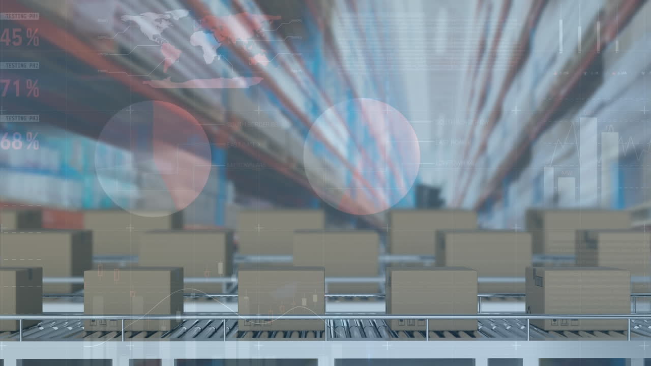 컨베이어 벨트에 있는 카드보드 상자 위에서 통계 처리의 애니메이션