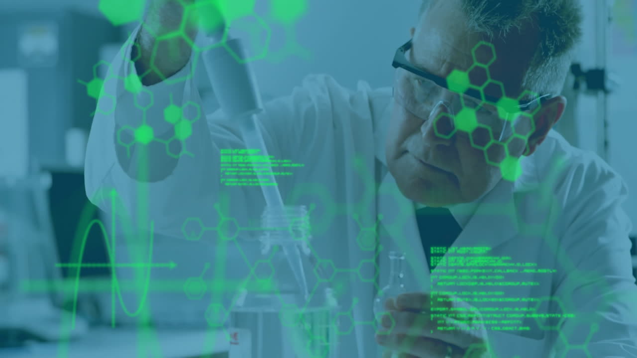 animación del procesamiento de datos científicos sobre un científico caucásico en el laboratorio.
